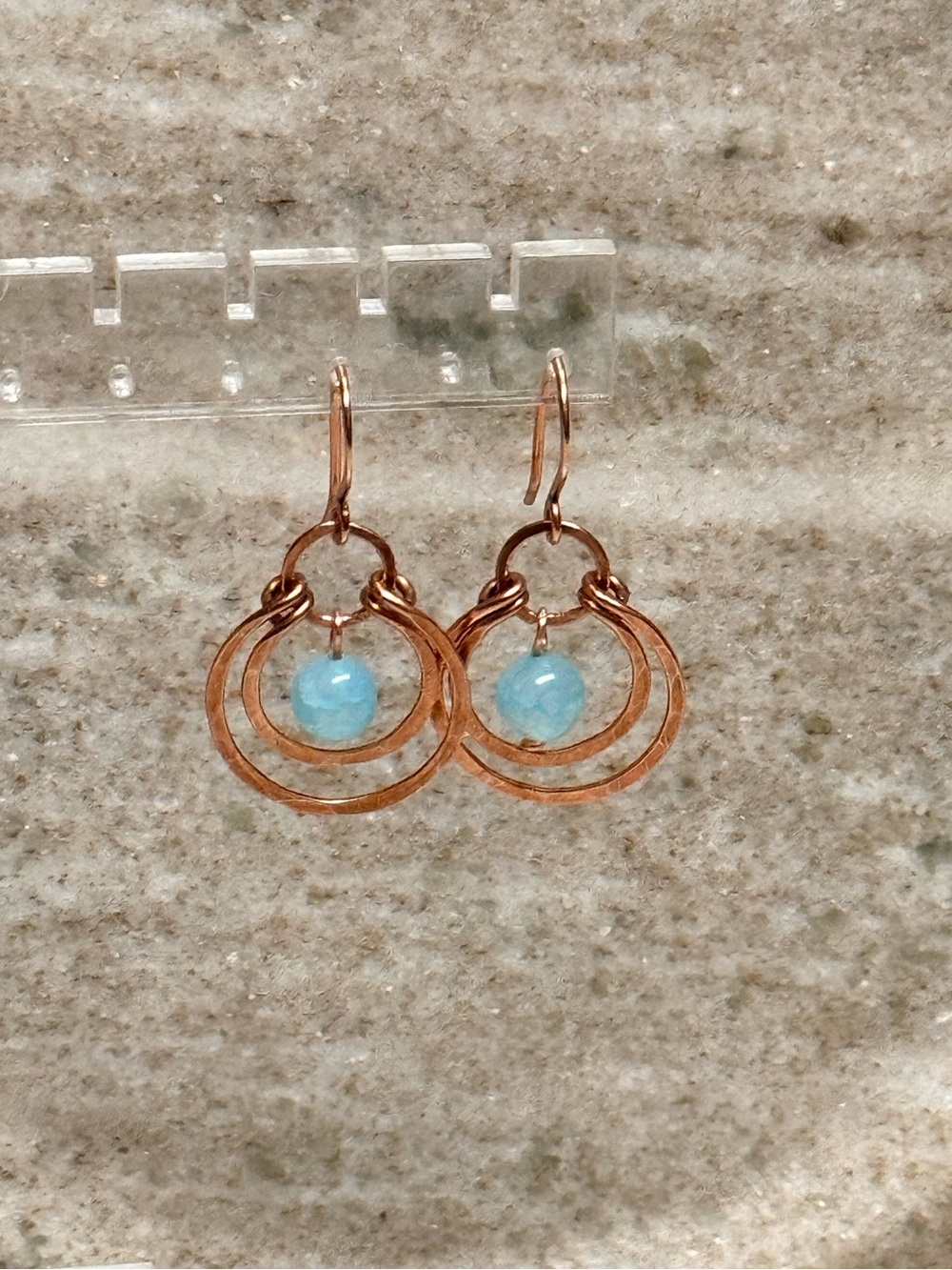 Handmade Double Hoop Copper Earrings with Aqua Blue Gemstone Accent-Boho Artisan